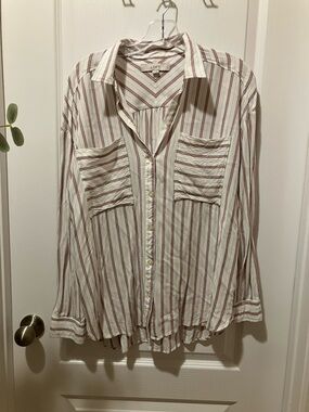 LOFT White Button-Down Shirt with Red Stripe